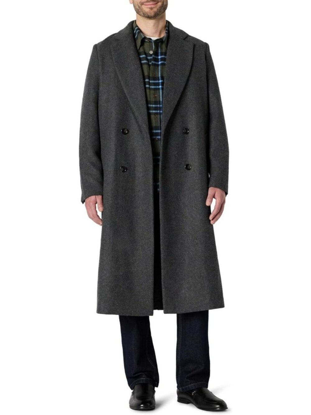 Men's Relaxed-Fit Wool Blend Longline Topcoat, Double Breasted, Classic Lapel